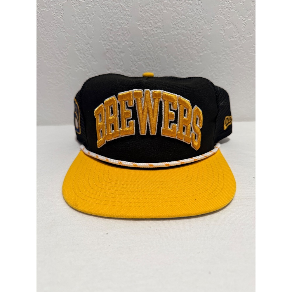 New Era Milwaukee Brewers Golfer Snapback Hat Black Yellow Mesh Trucker Rope Cap